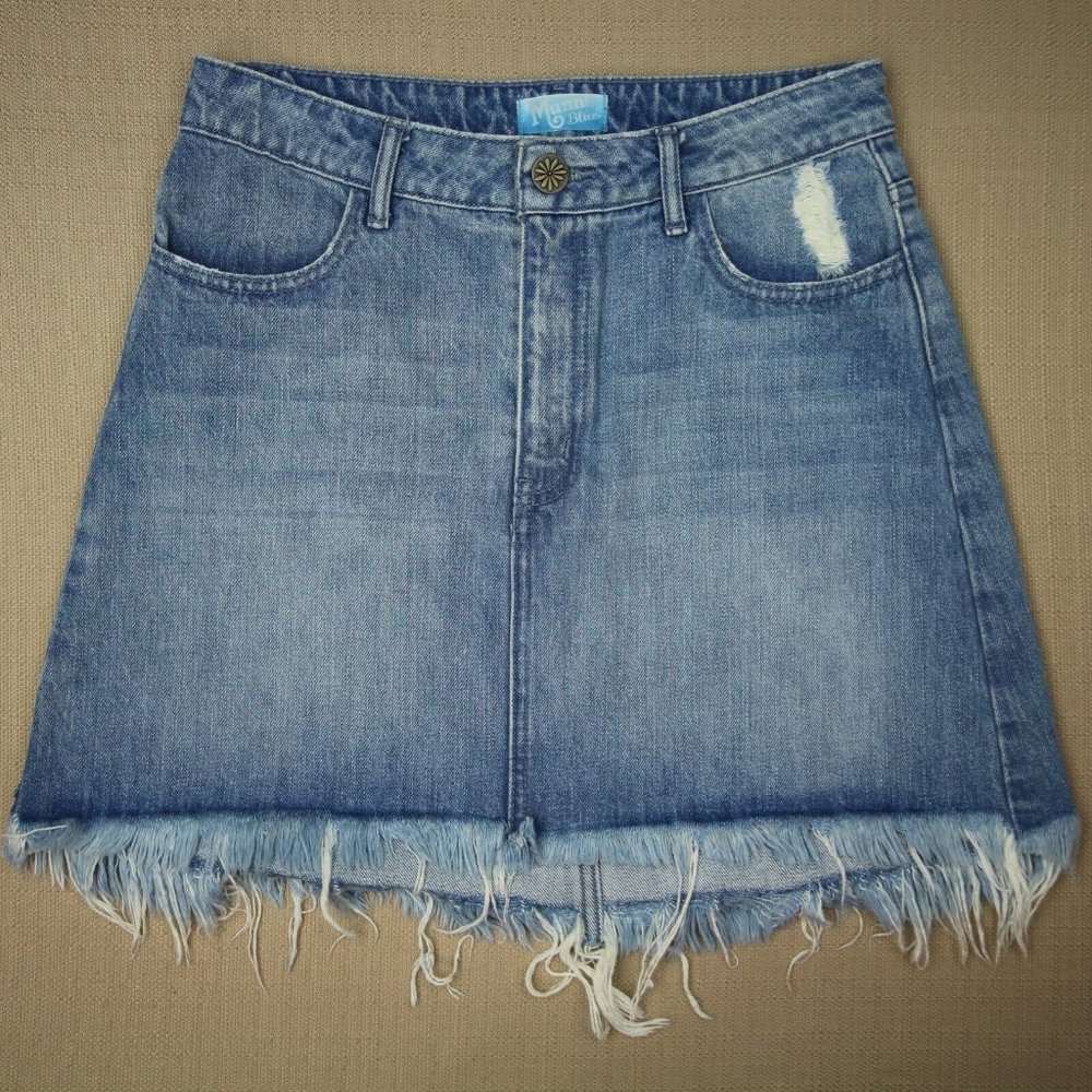 Mumu Blue Atlanta A-Line Fray Hem Mini Skirt Women's Size 27 Brook Wash Denim